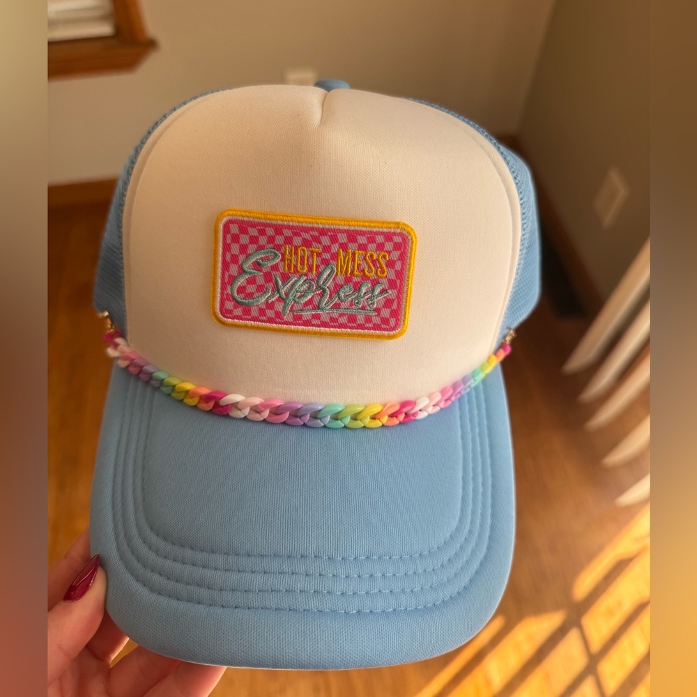 Blue and White Trucker Hat with Colorful Patch & Hat Chain